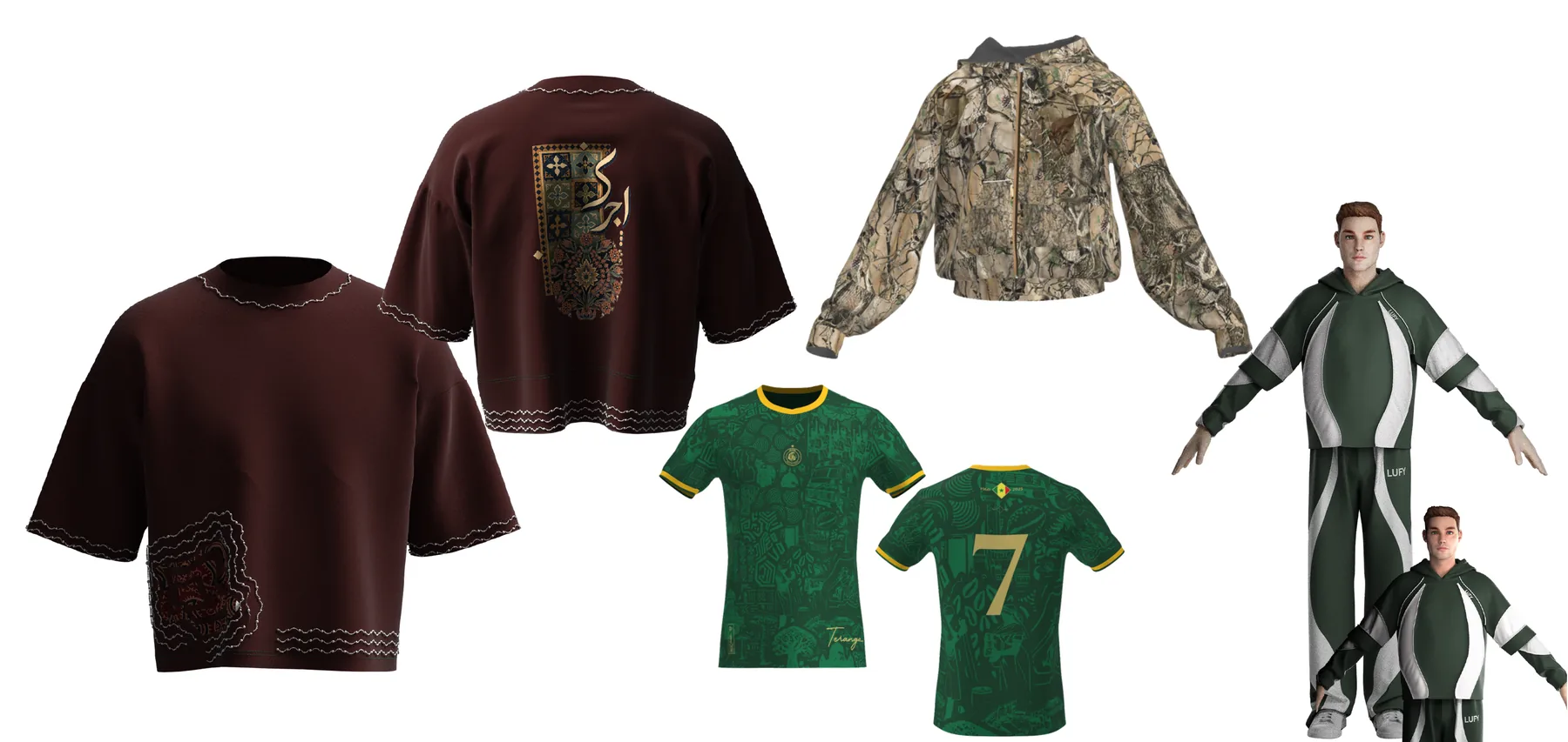 CLO 3D renders: boxy tee with embroidery, camo jacket, football jersey and tracksuit on avatar