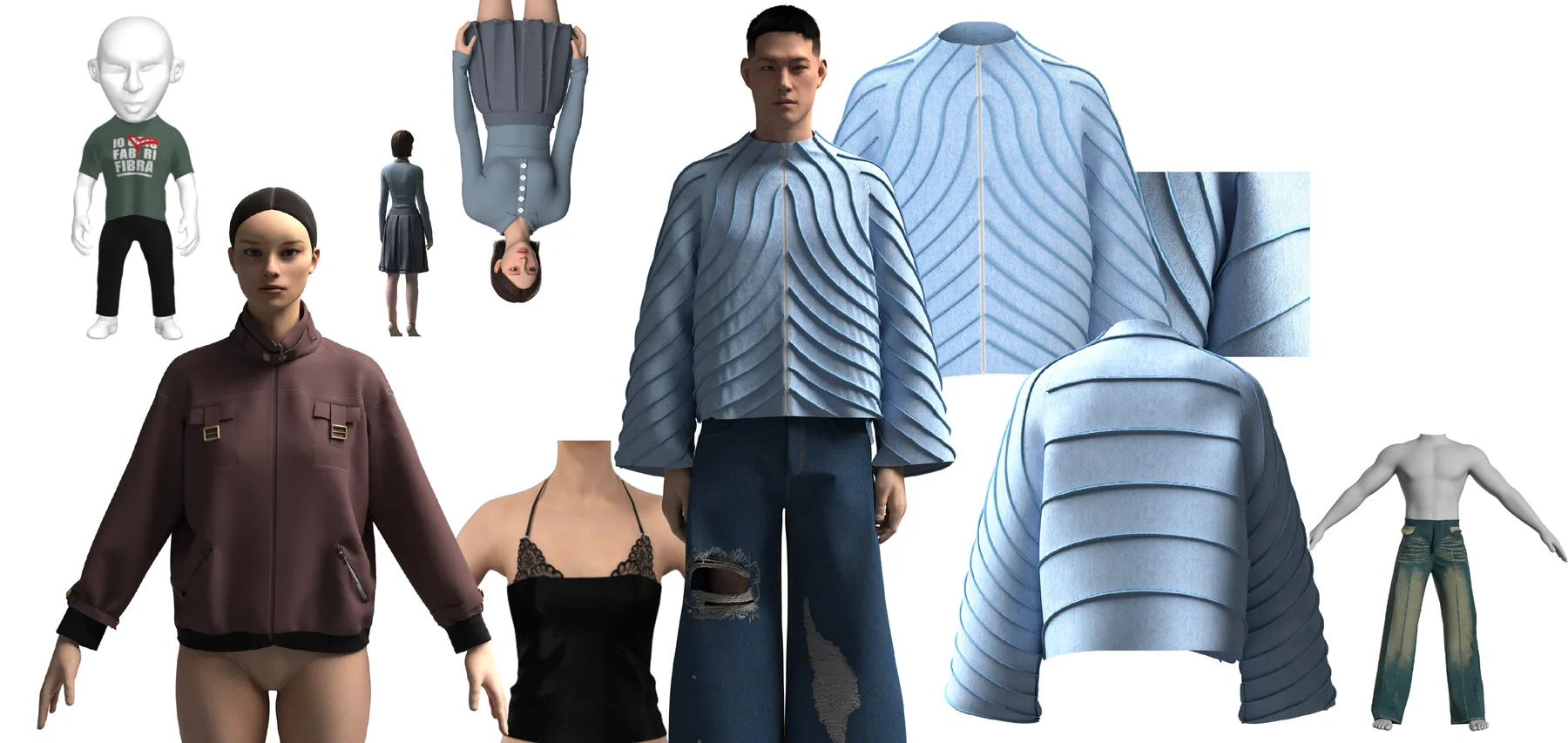 CLO 3D renders: pleated cropped jacket on avatar, bomber, halter top and washed denim