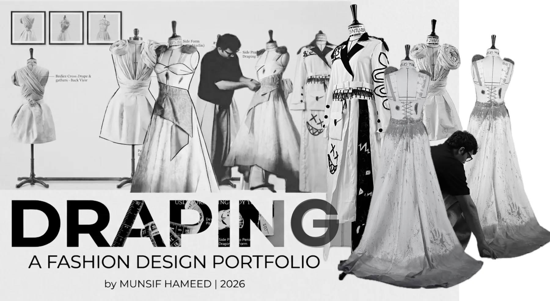 Draping portfolio cover with dress forms