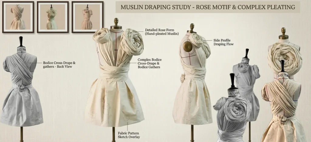 Muslin draped on the stand in rose, used to test proportion and volume.