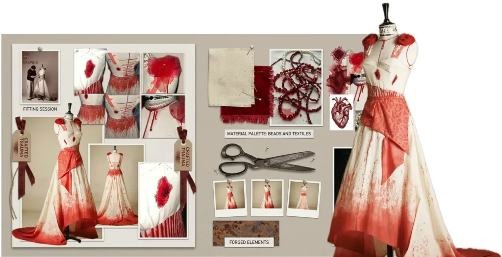 Presentation board laying out the evening gown development.