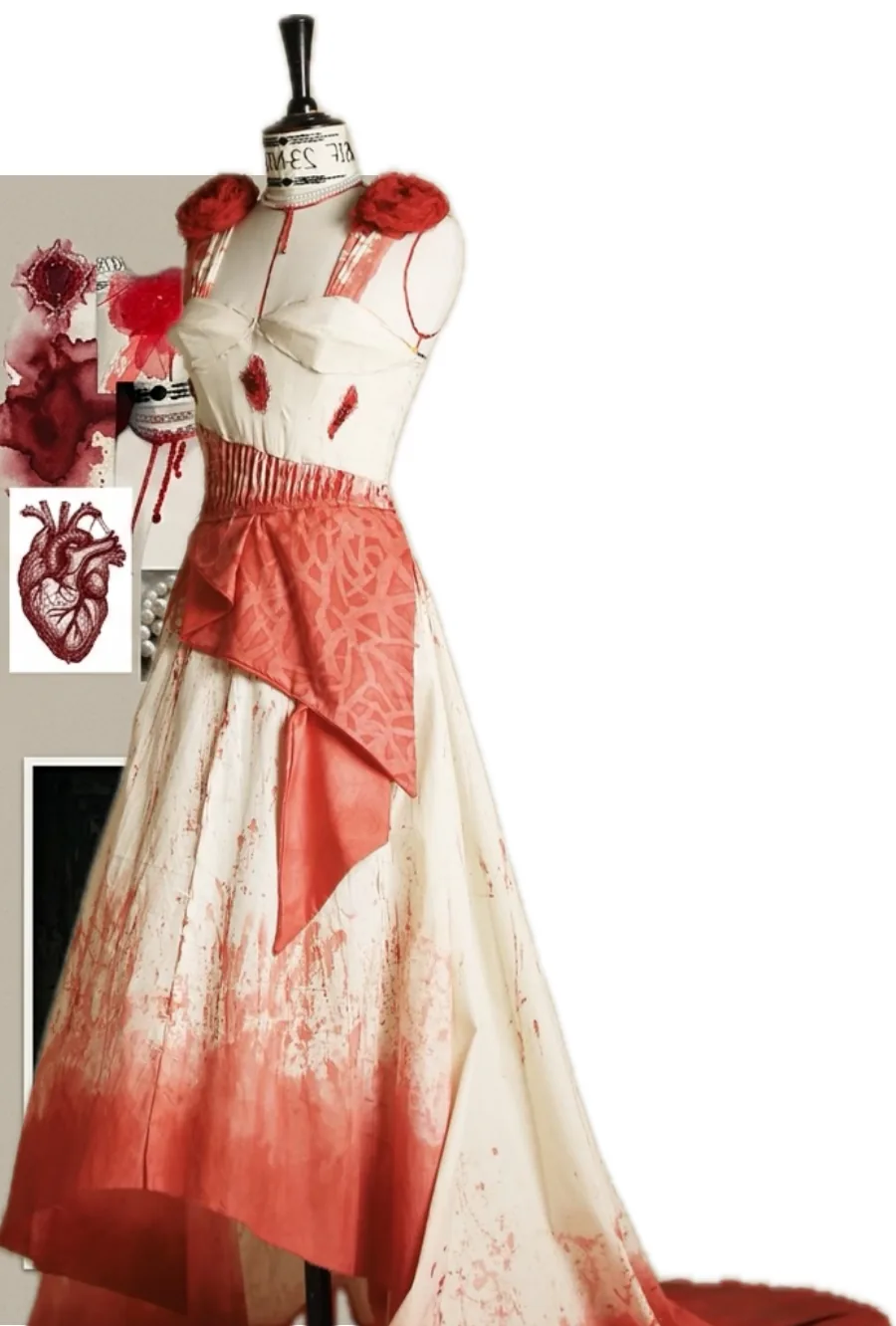 Finished evening gown on dress form