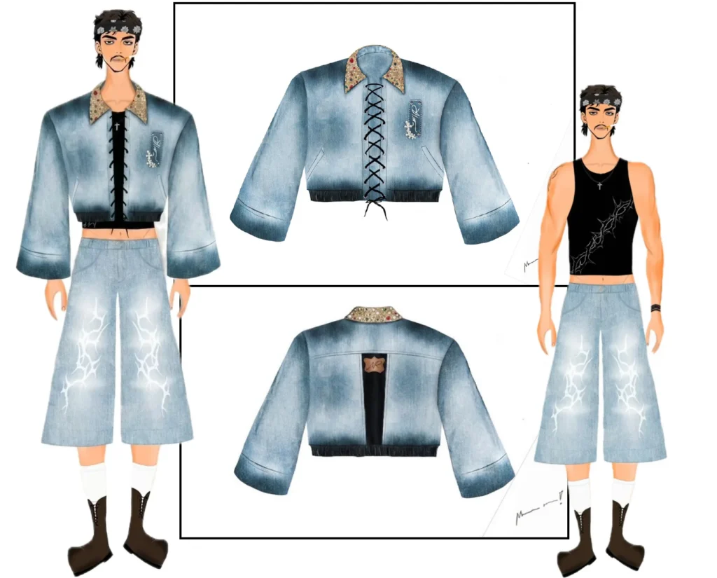 Digital fashion illustration of a denim jacket with drawn detail.