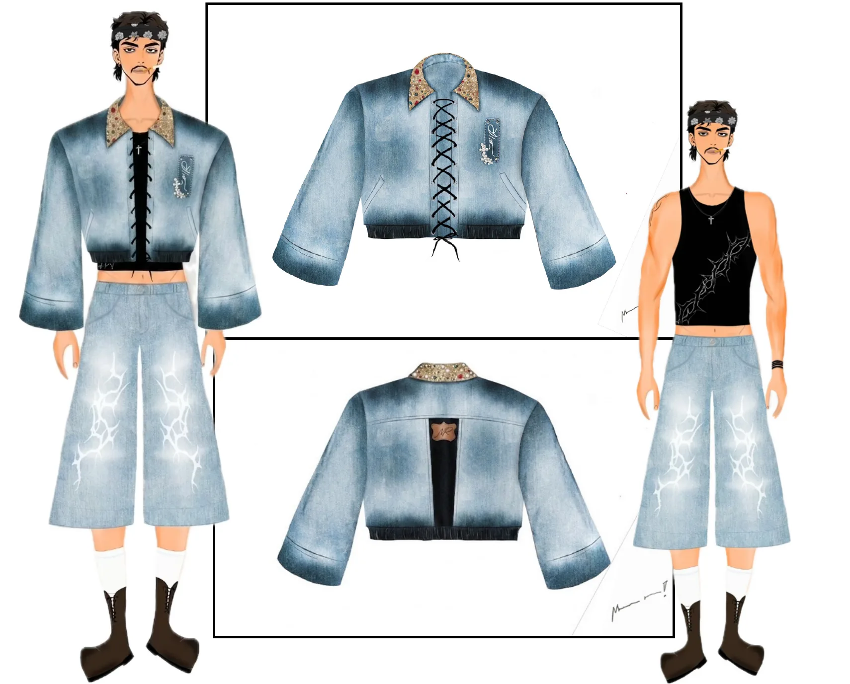 Digital fashion illustration of a denim jacket with drawn detail.