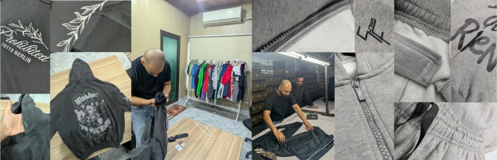 Collage of knitwear development samples in different structures.