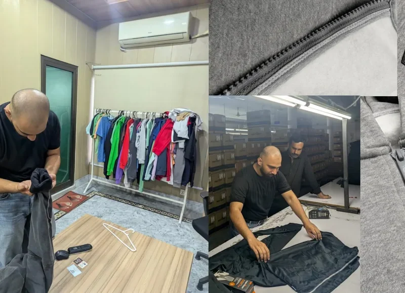 Collage of knitwear development samples in different structures.