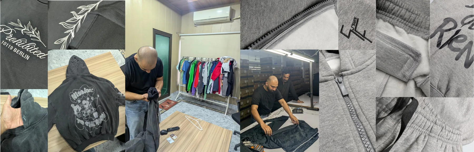 Collage of knitwear development samples in different structures.