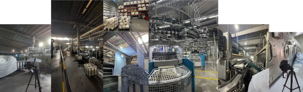 Collage of the knitting mill: machines, fabric rolls and yarn cones.