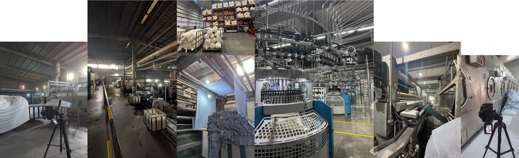 Collage of the knitting mill: machines, fabric rolls and yarn cones.