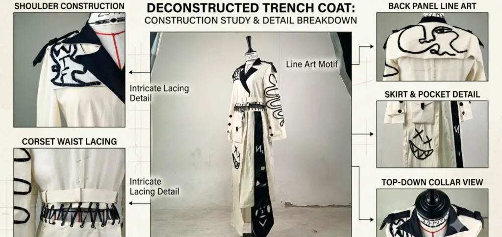 Deconstructed trench coat laid out to show its pattern pieces.