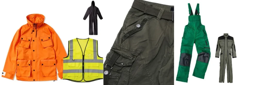 Collage of workwear development samples across several garments.