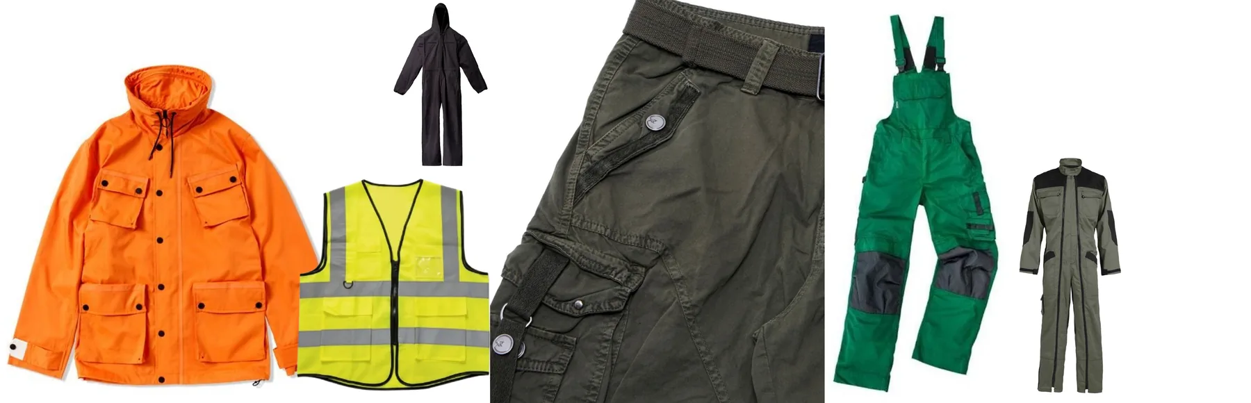 Collage of workwear development samples across several garments.